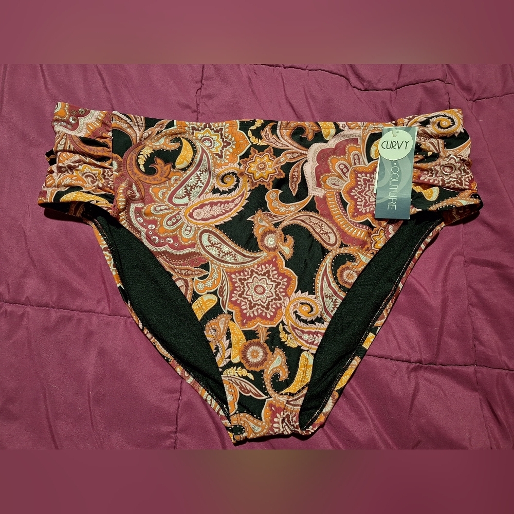 NWT Aqua Couture Curvy Swimsuit Bottom 2X Black Paisley‎